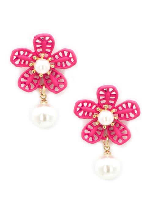 FASHION PAINTED FLOWER PEARL DANGLE EARRING