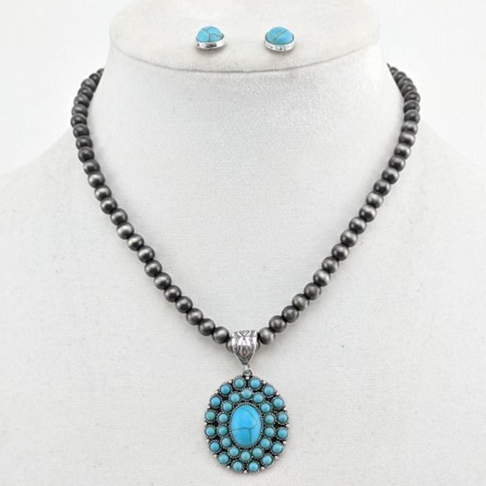 FASHION WESTERN STYLE STONE BEAD NECKLACE EARRING SET