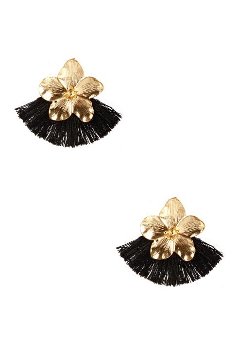 METAL FLOWER TASSEL STUD EARRING