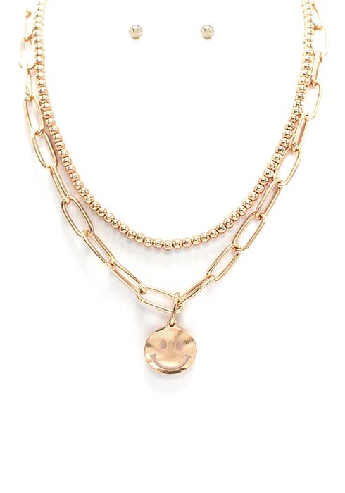 SMILEY CHAIN LINK BEAD NECKLACE AND EARRING SET