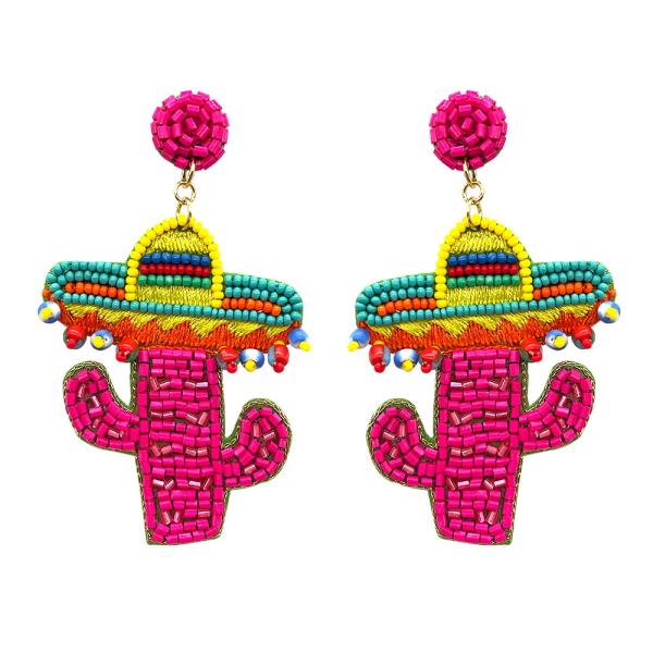 SEED BEAD CINCO DE MAYO MEXICO HAT CACTUS DANGLE EARRING