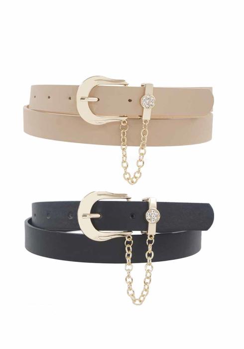 RHINESTONE CIRCLE PAVE CHAIN LOOPED DUO BUCKLE BELT