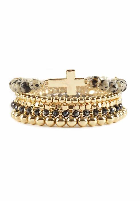 METAL GLASS STONE BEAD CROSS STRETCH BRACELET
