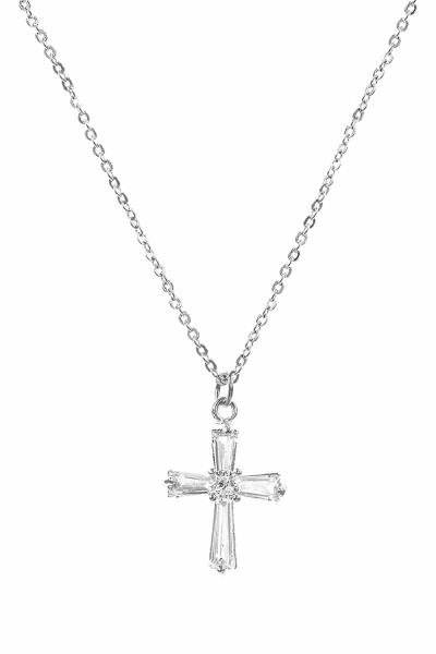 METAL CHAIN CRYSTAL STONE CROSS PENDANT NECKLACE