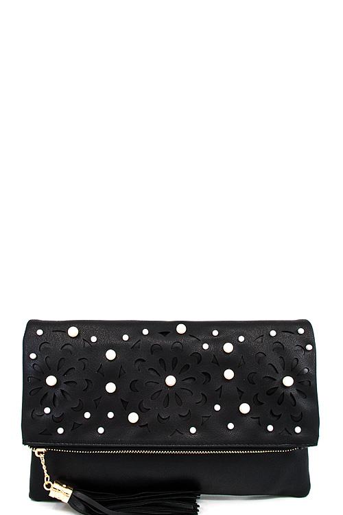 DESIGNER CHIC PEARL FOLDOVER CLUTCH WITH CHAIN