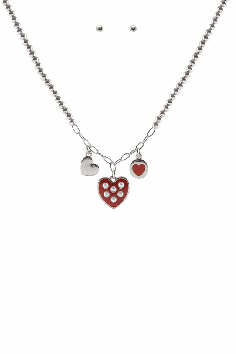 METAL BALL CHAIN HEART PENDANT NECKLACE EARRING SET