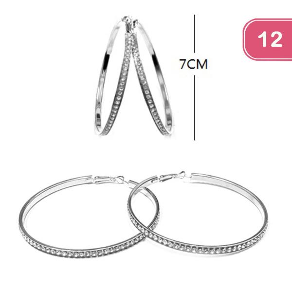 RHINESTONE 7 CM BLACK HOOP EARRING (12 UNITS) (12 UNITS)