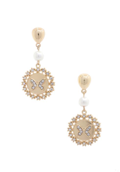 BUTTERFLY RHINESTONE PEARL DANGLE EARRING