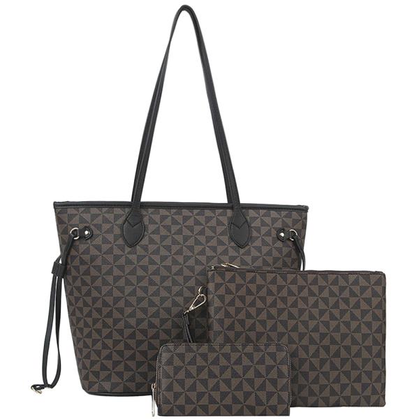 3IN1 SMOOTH CHECKER DESIGN TOTE BAG WITH MATCHING POUCH BAG AND WALLET SET