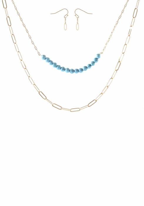 2 LAYERED METAL CHAIN NATURAL STONE NECKLACE EARRING SET