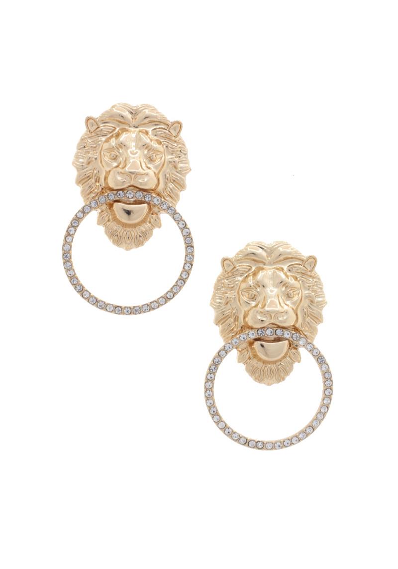 LION HEAD RHINESTONE RING EARRING