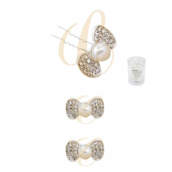 FASHION RHINESTONE PEARL RIBBON HAIR PIN (12 UNITS)