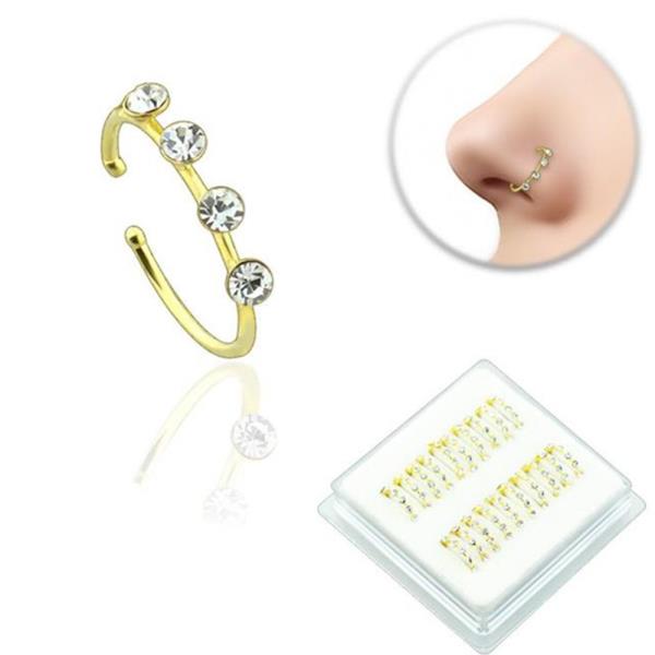 CZ 4 STONE STERLING SILVER GOLD PLATED OPEN HOOP NOSE RING (20 PC)