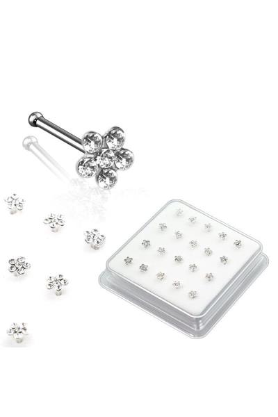 CZ FLOWER STERLING SILVER NOSE STUD WITH BALL TIP (20 PC)