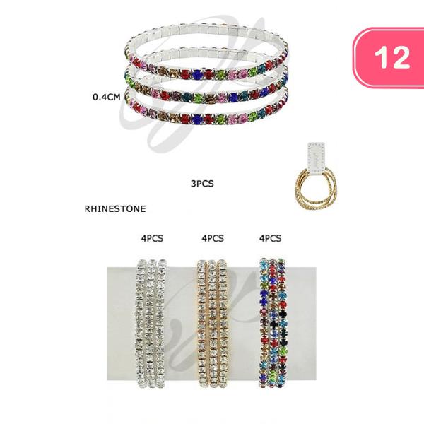 RHINESTONE METAL 3 PAIR BRACELET SET (12 UNITS)