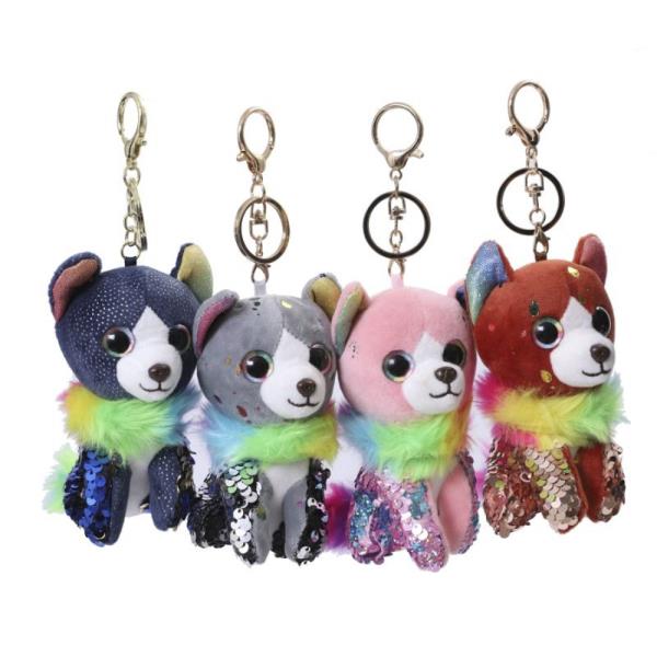 FAUX FUR DECORATIVE DOG KEY CHAIN WITH SEQUENCED BODY DECORATIONS