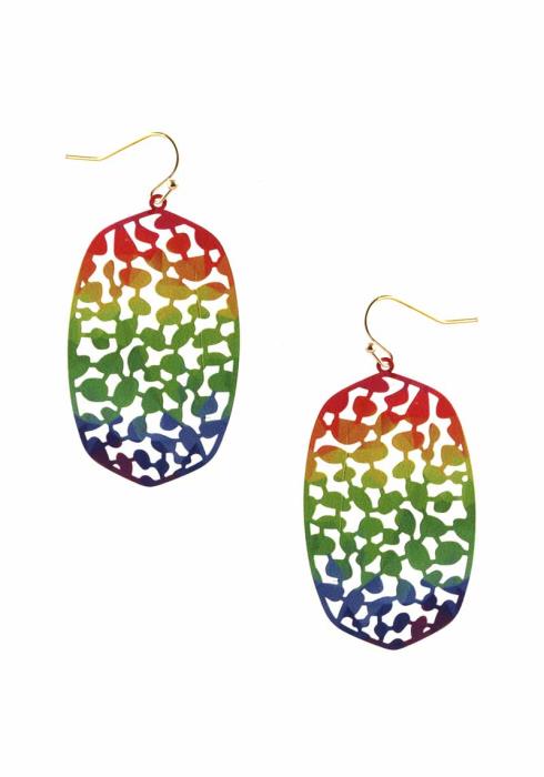 RAINBOW COLOR PATTERN PERFORATED HEXAGON DANGLE EARRING