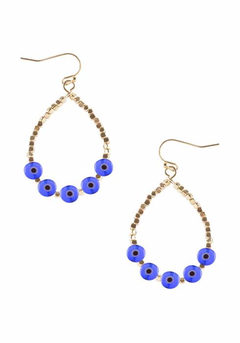 METAL SQUARE EVIL EYE BEAD TEARDROP DANGLE EARRING