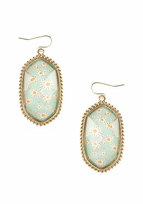 HEXAGON RESIN FLOWER PRINT DANGLE EARRING