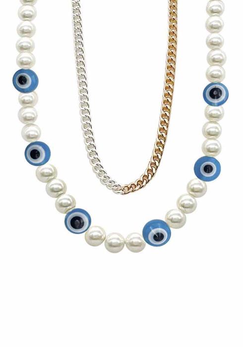 PEARL EVIL EYE BEAD TWO TONE CHAIN 2 LAYERED NECKLACE