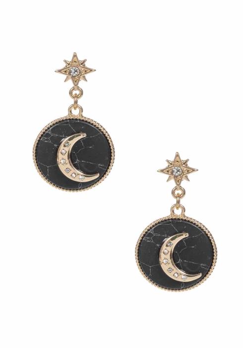 METAL MARBLING ROUND STONE MOON AND STAR DANGLE EARRING