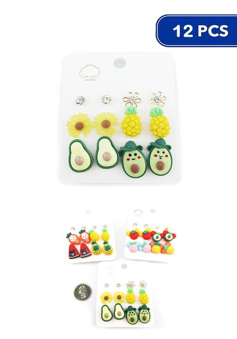 CUTE MIXED FRUITS FLORAL CRYSTAL 6 PAIR EARRING SET (12 UNITS)