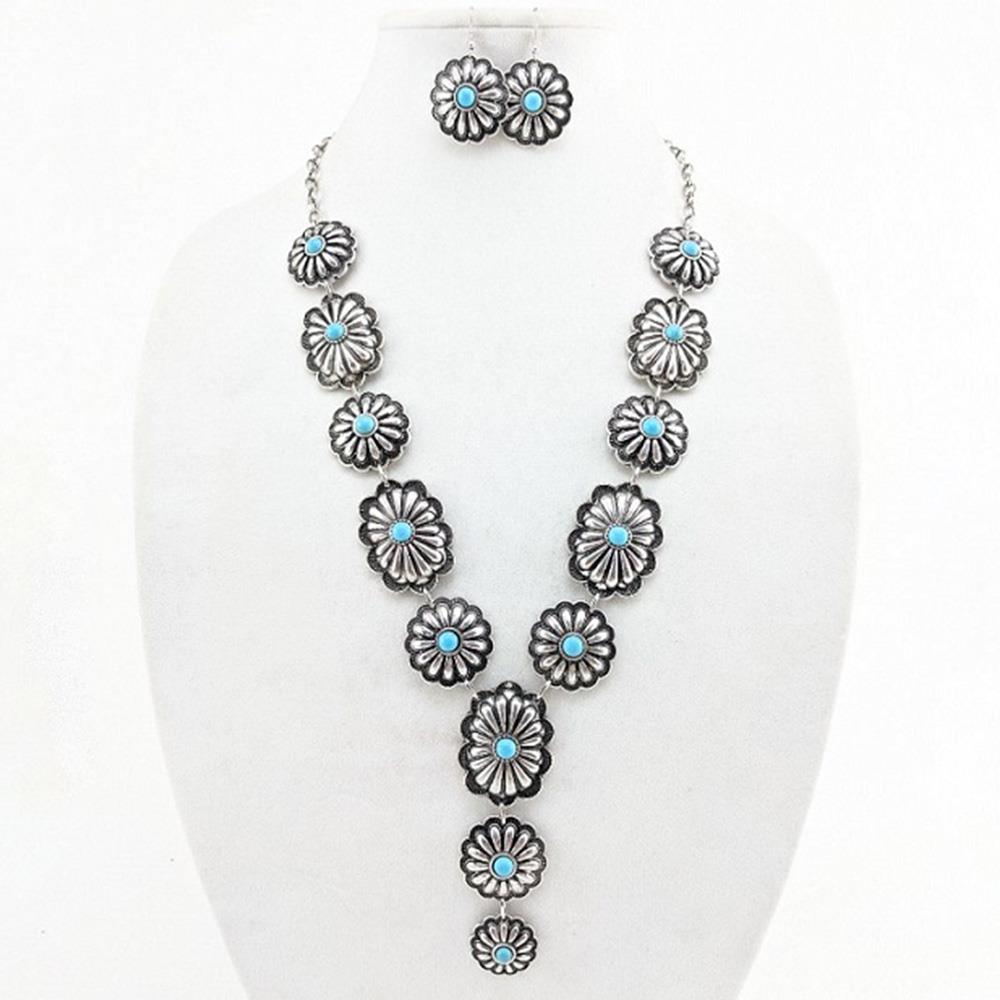 FASHION TURQUOISE STONE FLORAL NECKLACE AND EARRING SET