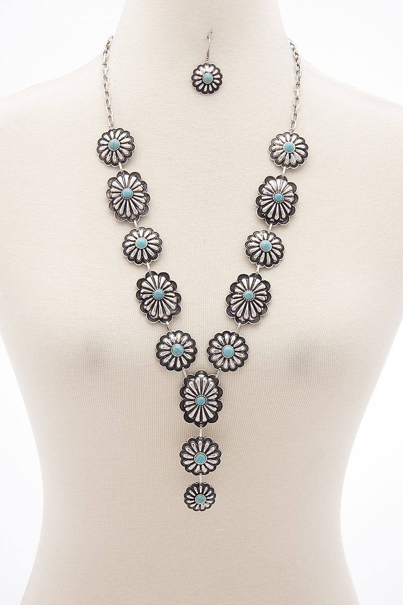 FASHION TURQUOISE STONE FLORAL NECKLACE AND EARRING SET