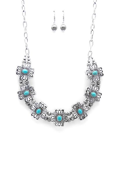 FASHION CHIC TURQUOISE OVAL STONE METAL CHAIN NECKLACE AND EARRING SET