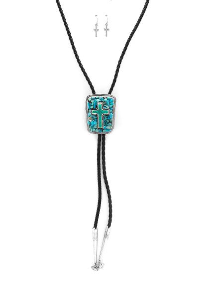 MODERN TURQUOISE STONE CROSS STRING NECKLACE AND EARRING SET