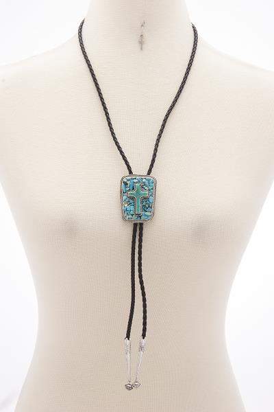 MODERN TURQUOISE STONE CROSS STRING NECKLACE AND EARRING SET