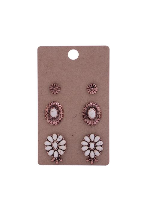 STYLISH FLORAL PETAL DESIGN STONE METAL 3 PC EARRING SET