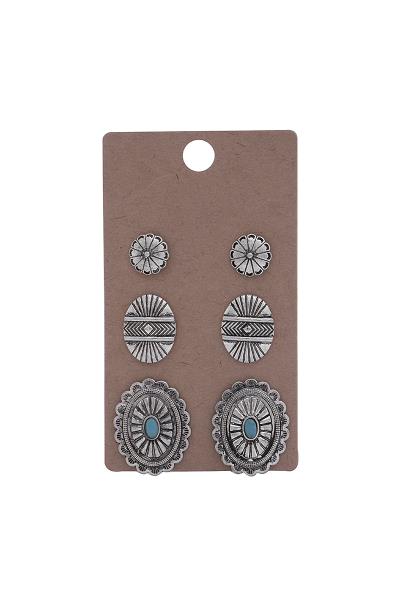 STYLISH METAL OVAL DESIGN STONE 3 PC EARRING SET