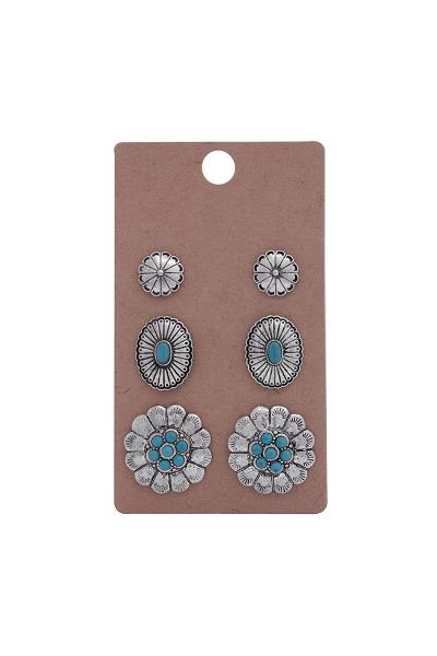 CHIC METAL FLOWER OVAL ROUND STONE 3 PC EARRING SET