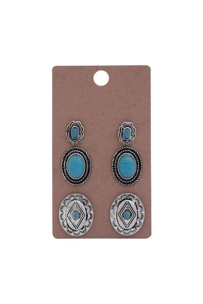 FASHION OVAL STONE METAL DESIGN 3 PC EARRING SET