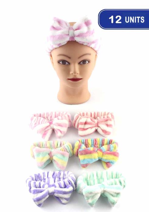 FASHION STRIPE FAUX FUR RIBBON SPA HEADBAND (12 UNITS)