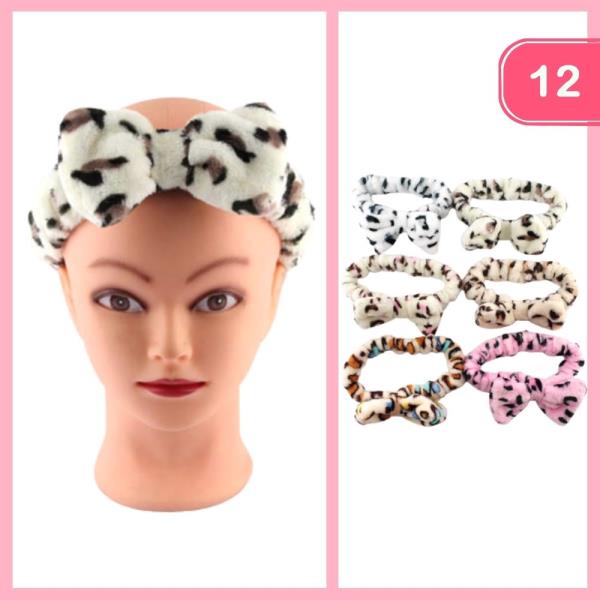FASHION LEOPARD PRINT FAUX FUR RIBBON SPA HEADBAND (12 UNITS)