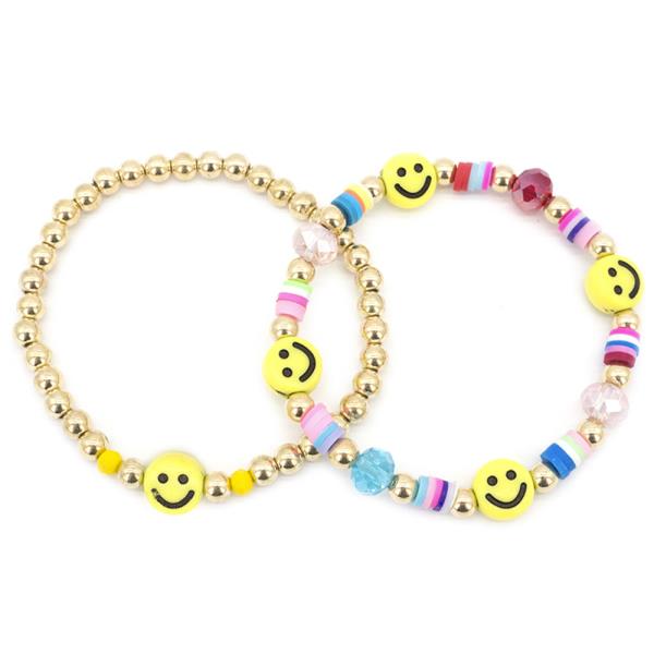 METAL & RUBBER DISC SMILE BEAD STRETCH BRACELET 2 PC SET