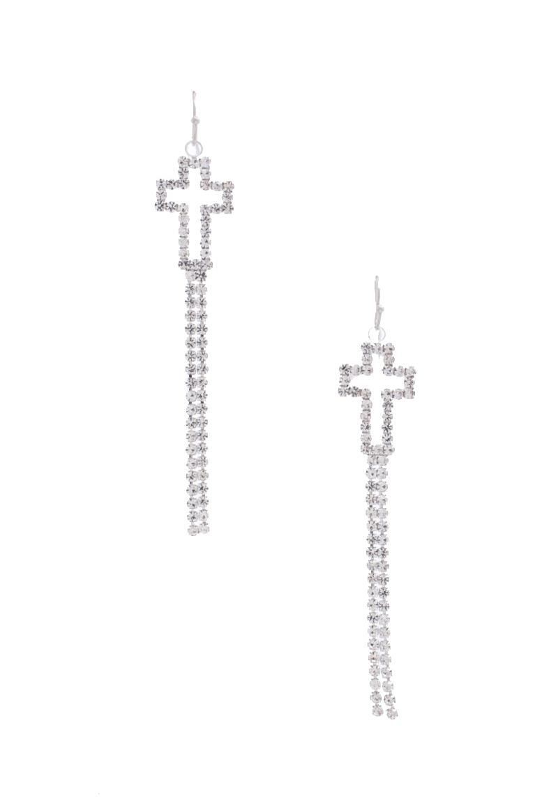 CROSS SHAPE RHINESTONE DANGLE EARRING