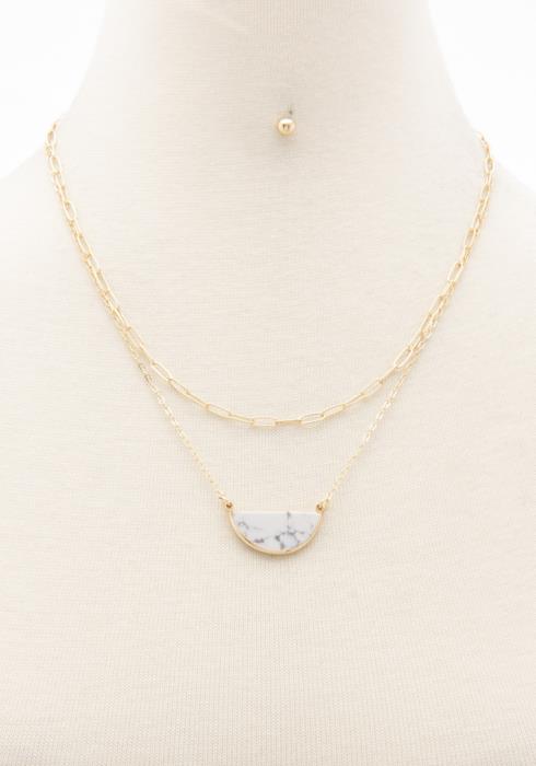 2 LAYERED METAL CHAIN NATURAL STONE PENDANT NECKLACE