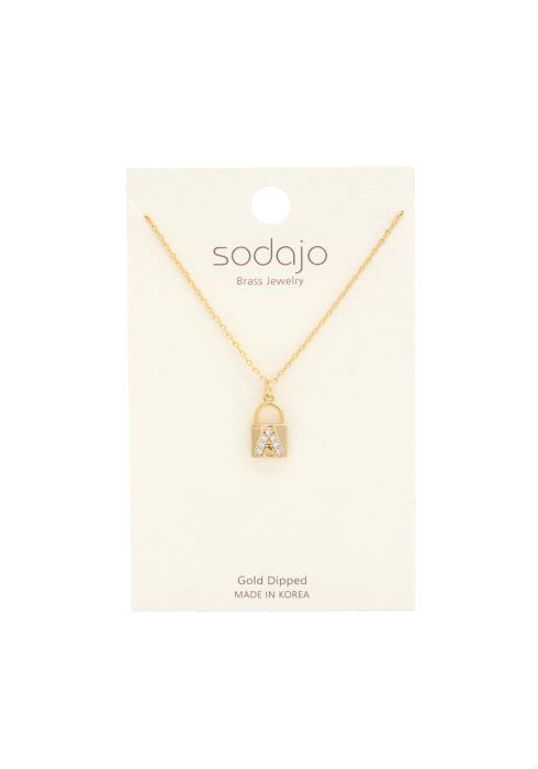 SODAJO RHINESTONE INITIAL LOCK CHARM GOLD DIPPED NECKLACE