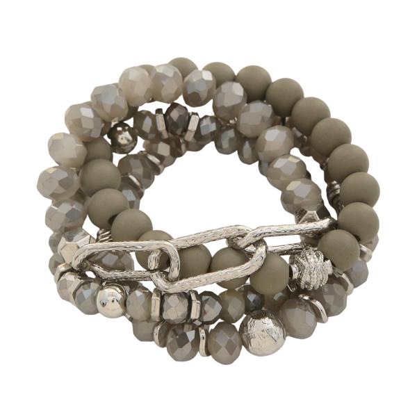 CRYSTAL WOOD METAL MIX BEAD STRETCH MULTI BRACELET