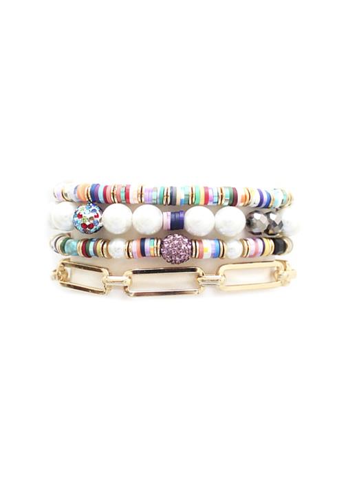 RUBBER DISC PEARL CRYSTAL RHINESTONE METAL MIX BEAD MULTI BRACELET