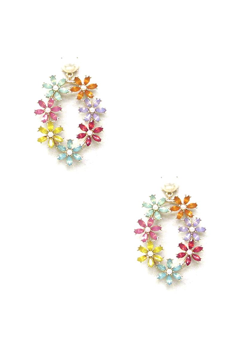FLOWER PATTERN OVAL RHINESTONE POST DROP EARRING