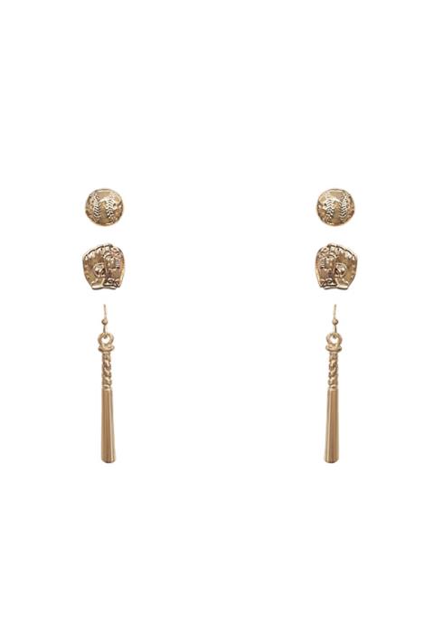 METAL BASEBALL STUD EARRING 3 PAIR SET