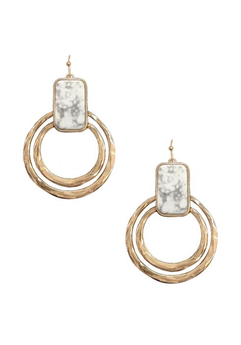 NATURAL STONE DOUBLE ROUND METAL DANGLE EARRING