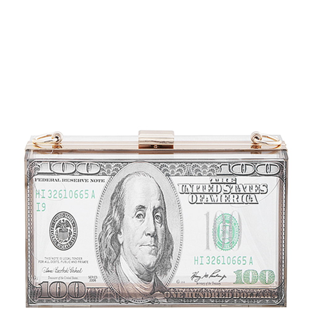 FASHION 100 BILL PRINT CLEAR CHAIN CLUTCH