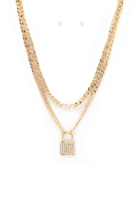 LOCK PURSE CURB LINK LAYERED NECKLACE