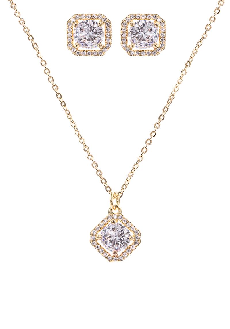 CUBIC ZIRCONIA RHINESTONE SQUARE PENDANT NECKLACE EARRING SET