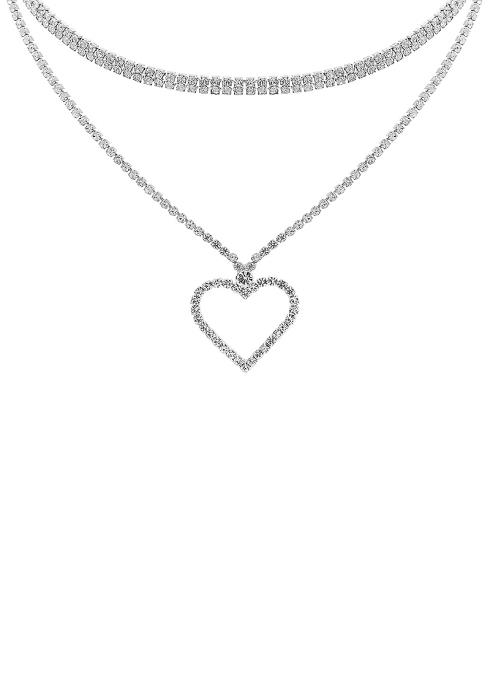 RHINESTONE OPEN HEART CHOKER COLLAR DOUBLE NECKLACE